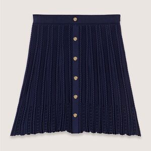 Maje Navy Cable-Knit A-Line Skirt with Gold Buttons